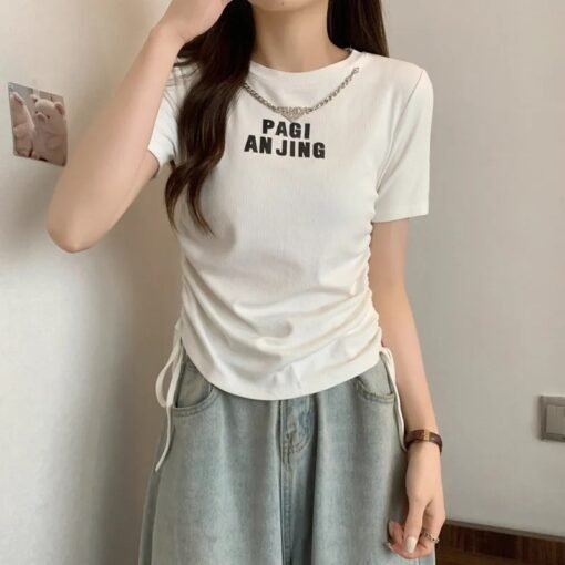 Vapetix S (60-80 pounds)-XXL (130-150 pounds)  Summer Short-sleeved T-shirt Women's 2024 New Korean-style Necklace Double Drawstring Slim Design S - Kép 7