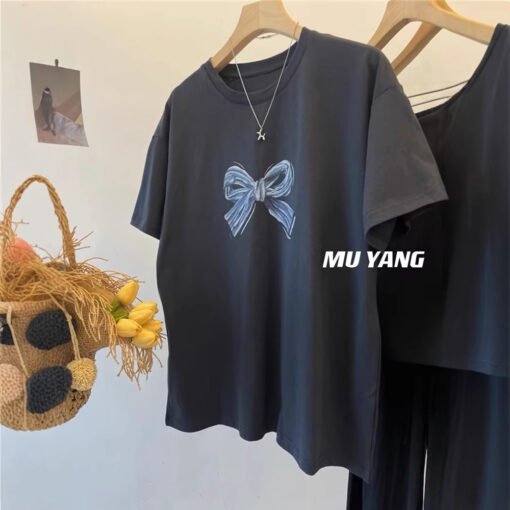 Vapetix M-3XL  European Ins Trendy Brand Niche Design Sense Bow Printed Short-sleeved T-shirt Women's Summer and H – Bild 5