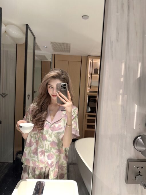 Vapetix M-XL  YASE [Meet You Short Length] Pajamas Women's Summer Ice Silk Short Sleeve New Home Clothes High Set - Obrázek 5