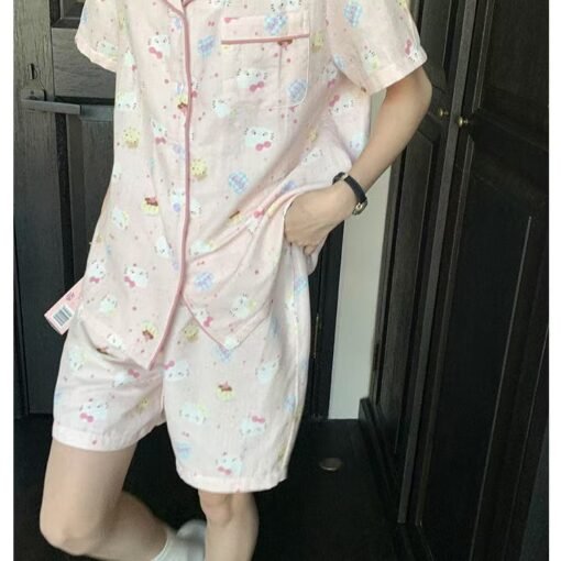 Vapetix M-XXL  Cloud Cotton Pajamas Women's Summer Short-sleeved Cute Pink KT Cat Short-sleeved Cartoon Cute Stude - Obrázek 7