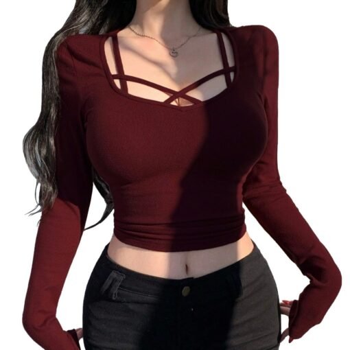 Vapetix S-XL  2024 cross-border foreign trade women's wine red sweet and spicy style T-shirt autumn and winter U- - 图片 6
