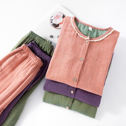 Vapetix M-XXL  New Cotton Gauze Jacquard Pajamas Women's Summer Cotton Yarn Round Neck Short Sleeve Trousers Home - 图片 6