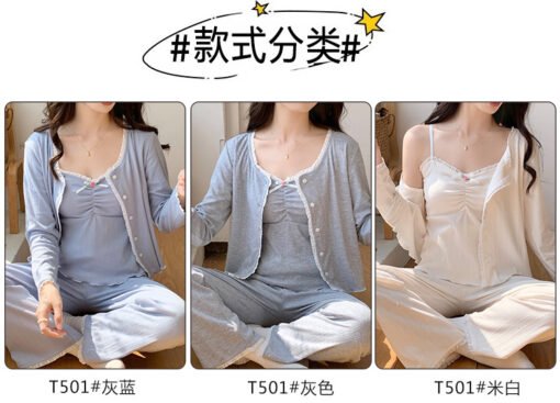 Vapetix M-XXL  Pajamas Women with Chest Pad Spring and Autumn New 6535 Cotton Sweet Ins Sling Cardigan Trousers Th – Bild 9