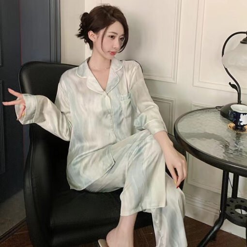 Vapetix M-XXL  Pajamas women's spring and autumn new ice silk long sleeve cardigan suit summer thin net red plus s – Bild 5