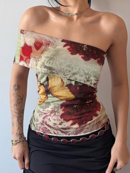 Vapetix S-L  Antique Butterfly Tie-Dye Printed One-Shoulder Asymmetrical Strapless Top Niche Spice Girl Style Ti - Image 7
