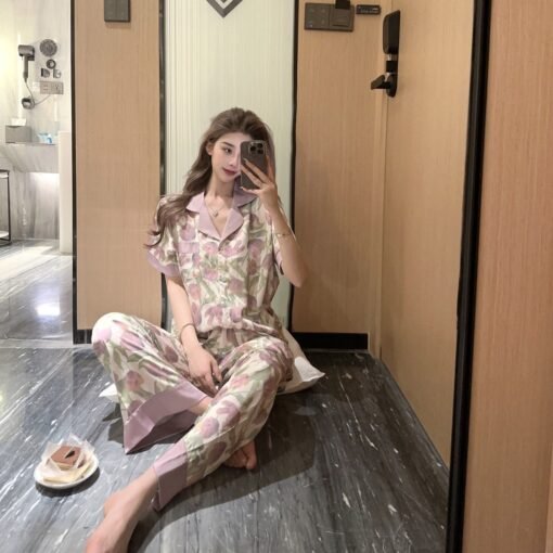 Vapetix M-XL  YASE [Meet You Short Length] Pajamas Women's Summer Ice Silk Short Sleeve New Home Clothes High Set - Obrázek 6