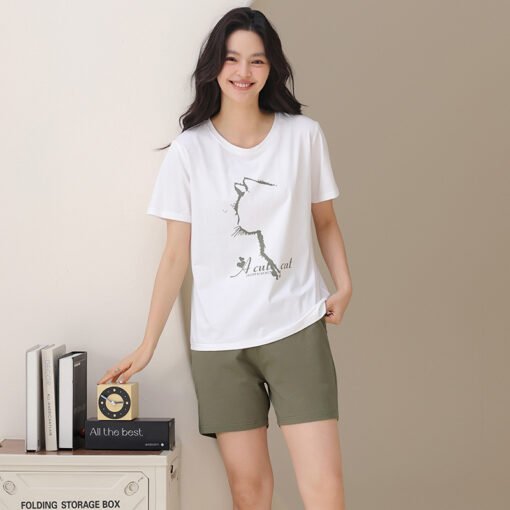Vapetix M-2XL  Pajamas Women's Summer Cotton Short-sleeved Shorts Thin Summer Outwear Simple Cat Print Home Clothe - 图片 8