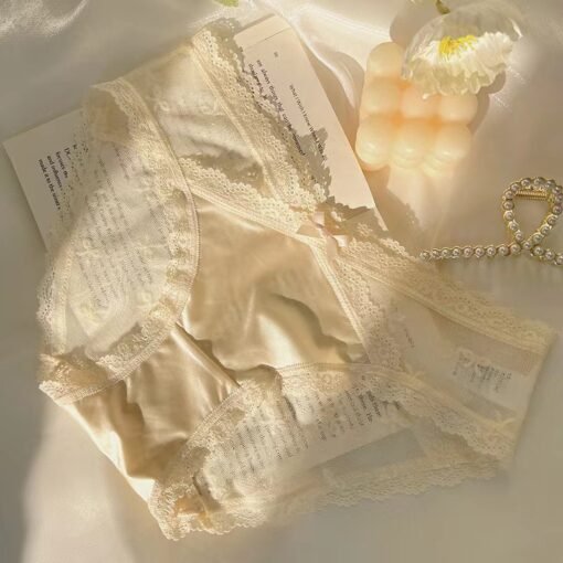 Vapetix M-L  Pure Light Luxury Satin Bow Low Waist European and American Style Sexy Lace Cotton Crotch Mesh Tria - Obrázek 8