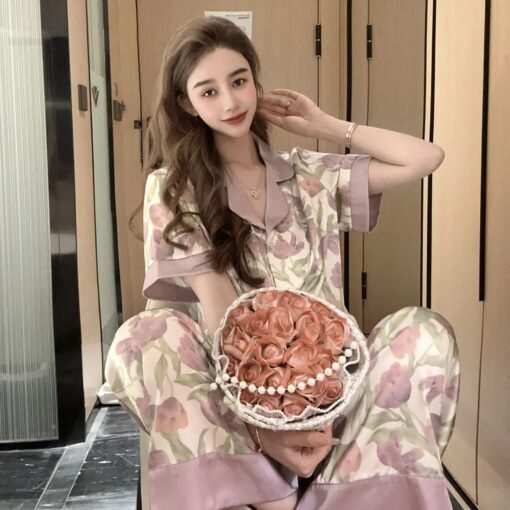 Vapetix M-XL  YASE [Meet You Short Length] Pajamas Women's Summer Ice Silk Short Sleeve New Home Clothes High Set - Obrázek 7