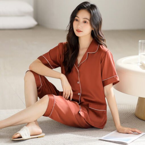 Vapetix M-2XL  High-end Pajamas Women's Summer Thin Ice Silk Short-sleeved Capri Pants Silk Mother Lapel Home Clot - 图片 3