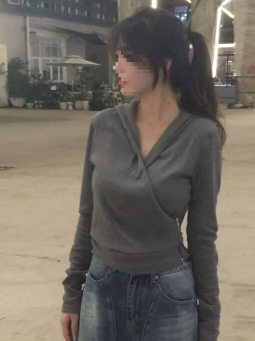 Vapetix S-XL  Korean Style Vintage Grey Cross Hooded Long-sleeved T-shirt Women's Autumn and Winter Slim-fit Pure - 图片 7