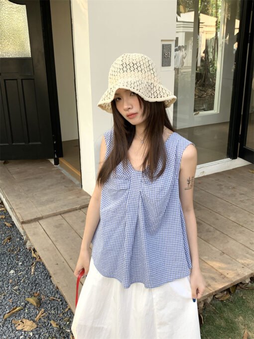 Vapetix One size fits all-One size fits all  2025 Summer French Style Fresh Girly Kink Design V-Neck Plaid Sleeveless Shirt Doll Top for Women - Pilt 9