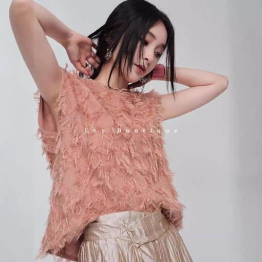 Vapetix M-L  Cut flower tassel rhombus_Tencel wool sweater style temperament fashionable elegant T-shirt jacket - Obrázek 6