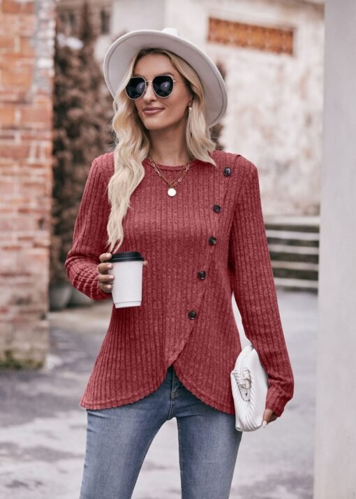 Vapetix S-XXL  2023 Cross-border New Women's Amazon Women's Round Neck Pit Sanding Tulip Hem Solid Color Button T- - 图片 5