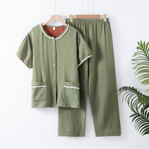 Vapetix M-XXL  New Cotton Gauze Jacquard Pajamas Women's Summer Cotton Yarn Round Neck Short Sleeve Trousers Home - 图片 7
