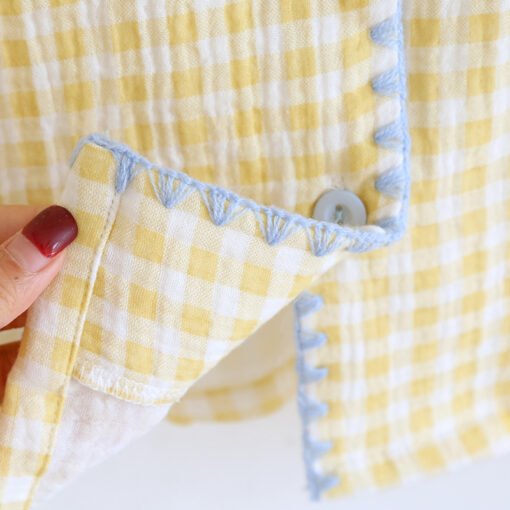 Vapetix M-XL  Cotton Yarn Shell Embroidered Plaid Short-sleeved Shorts Cardigan Two-piece Set Summer Thin Sweet H - Afbeelding 8