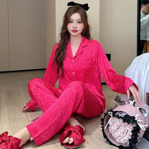 Vapetix M-3XL  Pajamas Women's Spring and Autumn Ice Silk Long Sleeve Lapel Cardigan suit Russian Jacquard Simple – Bild 7