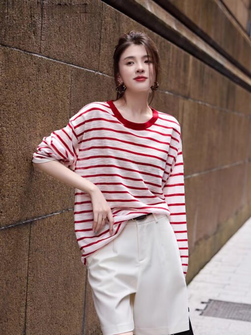 Vapetix One size fits all-One size fits all  SS STUDIO Summer Sun Protection Cool Air Sense Slub Striped Long Sleeve Round Neck Sweater Female S - Kép 5