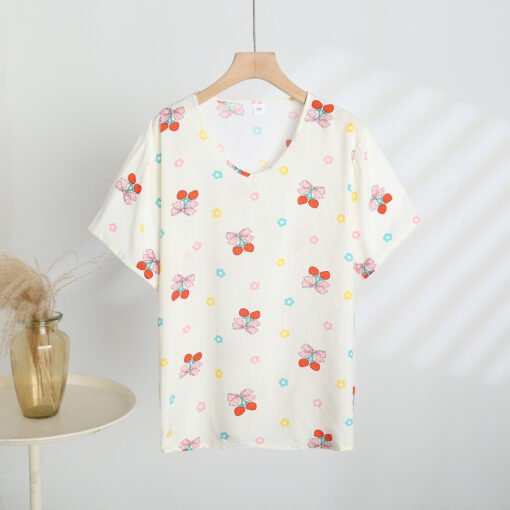 Vapetix 3XL-5XL  2025 Summer New Cotton Silk Floral Print Short-sleeved V-neck T-shirt Home Loose Casual - 图片 8