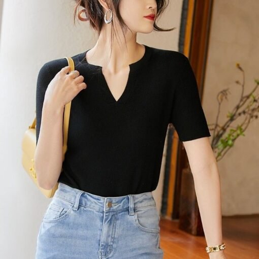 Vapetix M-L  Tencel Lysel Short-sleeved Sweater Top Summer and Autumn Simple Small V-neck Short-sleeved T-shirt - Billede 2