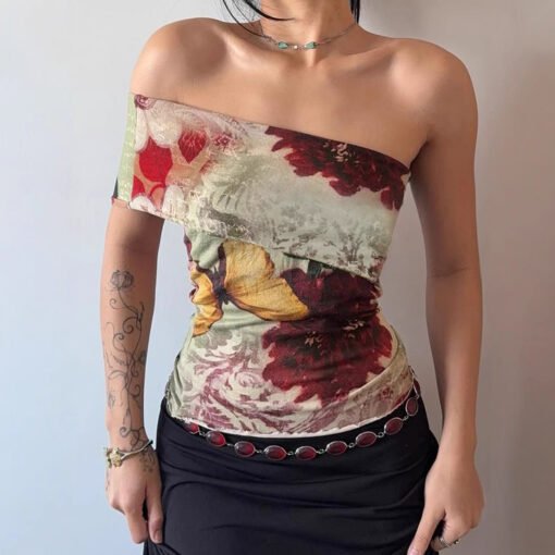 Vapetix S-L  Antique Butterfly Tie-Dye Printed One-Shoulder Asymmetrical Strapless Top Niche Spice Girl Style Ti - Image 8