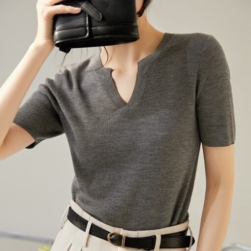 Vapetix M-L  Tencel Lysel Short-sleeved Sweater Top Summer and Autumn Simple Small V-neck Short-sleeved T-shirt - Billede 3
