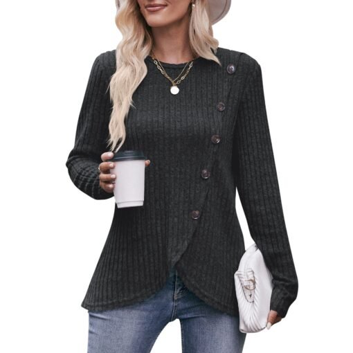 Vapetix S-XXL  2023 Cross-border New Women's Amazon Women's Round Neck Pit Sanding Tulip Hem Solid Color Button T- - 图片 6