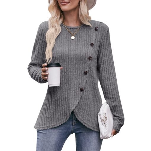 Vapetix S-XXL  2023 Cross-border New Women's Amazon Women's Round Neck Pit Sanding Tulip Hem Solid Color Button T- - 图片 7