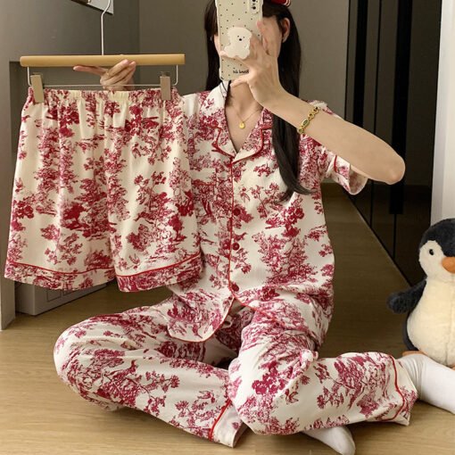 Vapetix M-XXL  Summer High-end Retro Ink Painting with Chest Pad Pajamas Women's 2025 New Short-sleeved Three-piec - 图片 7