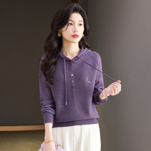 Vapetix M-XXXL  2025 New Wool Sweater Women's Spring and Autumn Hooded Sweater Loose Pullover Sweater Outer Wear Kn - Obrázek 7