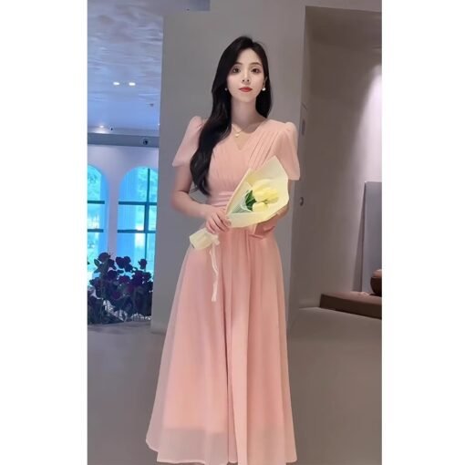 Vapetix S-XL  High-end French Elegant V-neck Puff Sleeve dress Children's Summer New Gentle Waist Slimming Dress - 图片 6