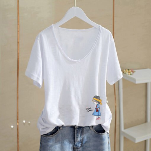 Vapetix M-4XL  Slub Cotton White Big Neck Short-sleeved T-shirt Women's 2023 European Station Goods Spring and Sum - 图片 8