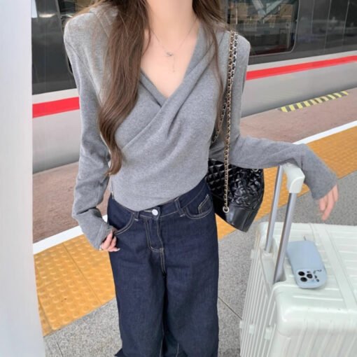 Vapetix S-XL  Grey Hooded Cross Long-sleeved T-shirt Women's Autumn New plus size chubby girl Slim-fit Slimming D - 图片 7