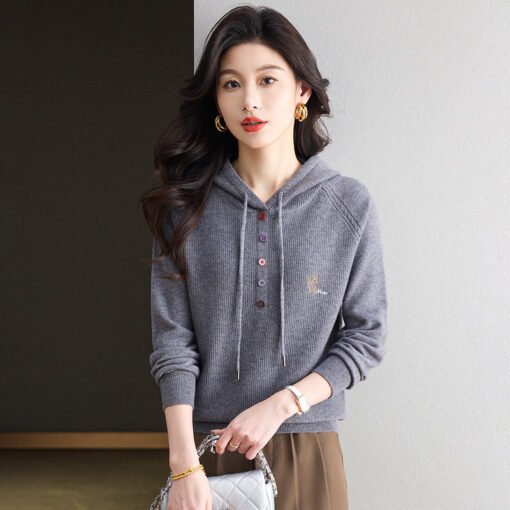 Vapetix M-XXXL  2025 New Wool Sweater Women's Spring and Autumn Hooded Sweater Loose Pullover Sweater Outer Wear Kn - Obrázek 8