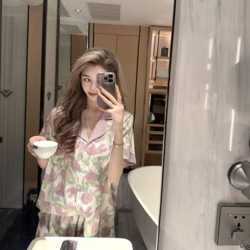 Vapetix M-XL  YASE [Meet You Short Length] Pajamas Women's Summer Ice Silk Short Sleeve New Home Clothes High Set - Obrázek 8