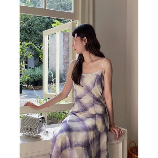 Vapetix S（80-100）-L（110-120）  [Midsummer Violet] Song Ming Retro Ruffled Plaid Sling dress Women's Summer Midi Dress Y4887F - 图片 5