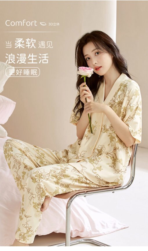 Vapetix M size (70-95 pounds)-XXXL size (145-155 pounds)  Pajamas Women's Summer Cardigan Short-sleeved Trousers with Chest Pad Fixed Cardigan Sweet Thin 202 - Kép 6