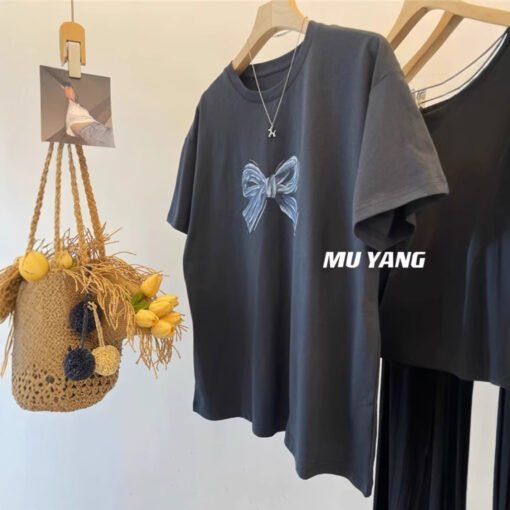 Vapetix M-3XL  European Ins Trendy Brand Niche Design Sense Bow Printed Short-sleeved T-shirt Women's Summer and H – Bild 6