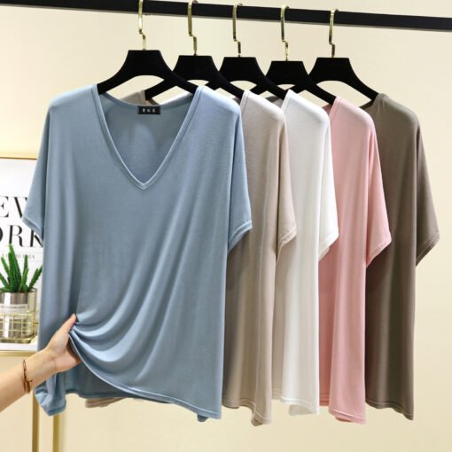 Vapetix One size fits all-Large size  Summer New Women's Solid Color Cotton Modal Thin V-neck Shoulder Short Sleeve Korean Style Sweet To - 图片 8