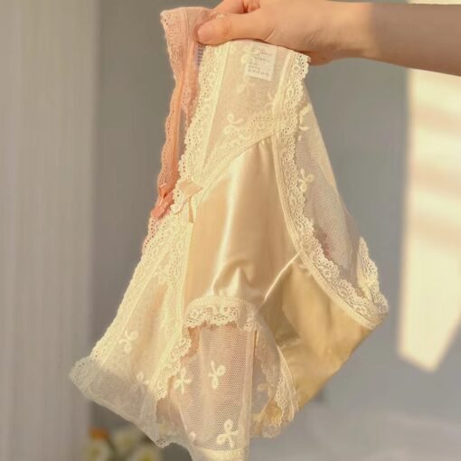 Vapetix M-L  Pure Light Luxury Satin Bow Low Waist European and American Style Sexy Lace Cotton Crotch Mesh Tria - Obrázek 9