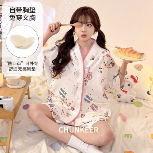 Vapetix M-3XL  Pajamas with Chest Pad Women's Summer Cardigan plus size Short-sleeved Shorts Pullover Thin Outwear - Billede 8