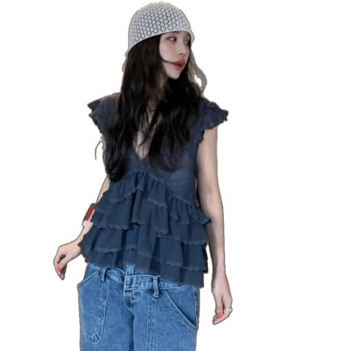 Vapetix One size fits all-One size fits all  South Korea Chic Summer Cute Age-reducing Micro-transparent Heavy Industry Ear V-neck Flying Sleeve - 图片 8