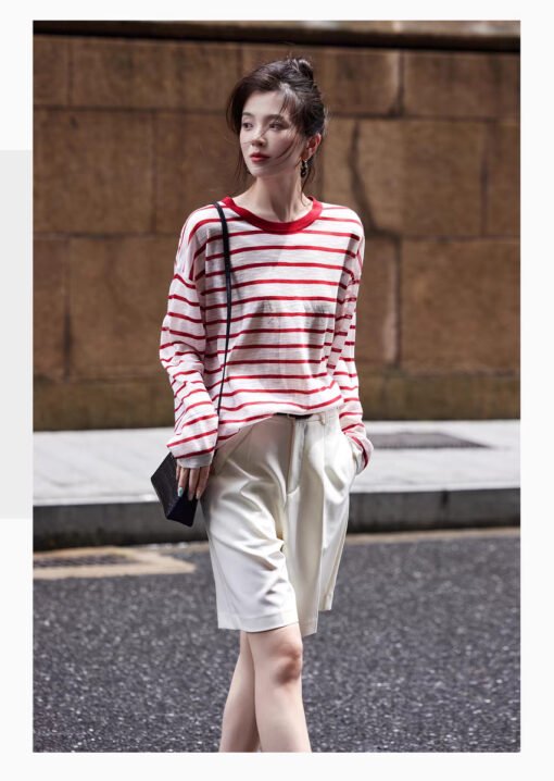 Vapetix One size fits all-One size fits all  SS STUDIO Summer Sun Protection Cool Air Sense Slub Striped Long Sleeve Round Neck Sweater Female S - Kép 6