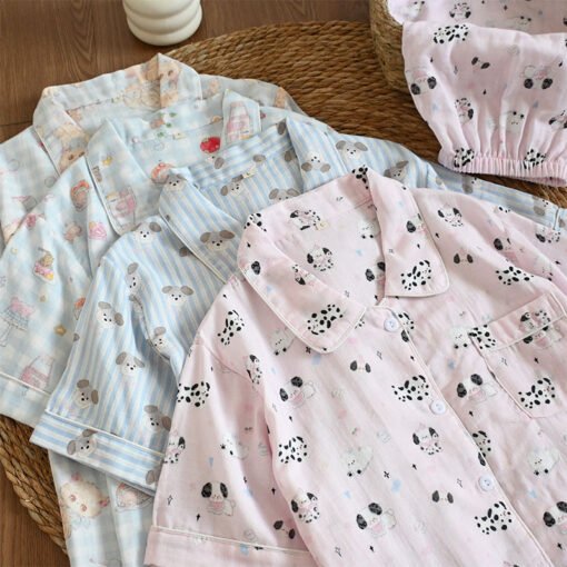 Vapetix M-XL  Summer Gauze Short-sleeved Pants Shorts Pajamas suit Women's Breathable Pure Cotton Lapel Loose Car - Obrázek 8