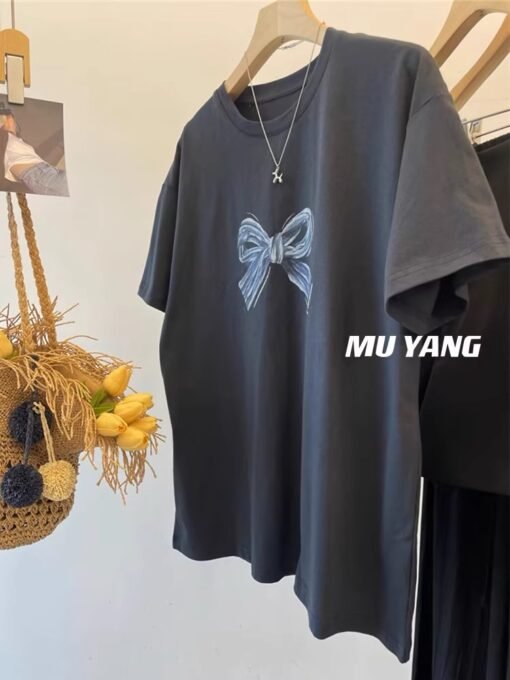 Vapetix M-3XL  European Ins Trendy Brand Niche Design Sense Bow Printed Short-sleeved T-shirt Women's Summer and H – Bild 7