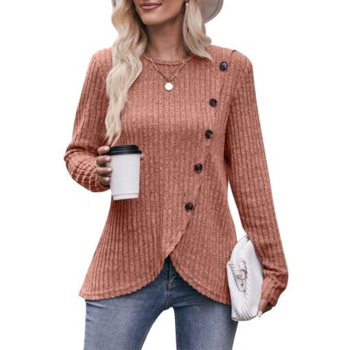 Vapetix S-XXL  2023 Cross-border New Women's Amazon Women's Round Neck Pit Sanding Tulip Hem Solid Color Button T- - 图片 9