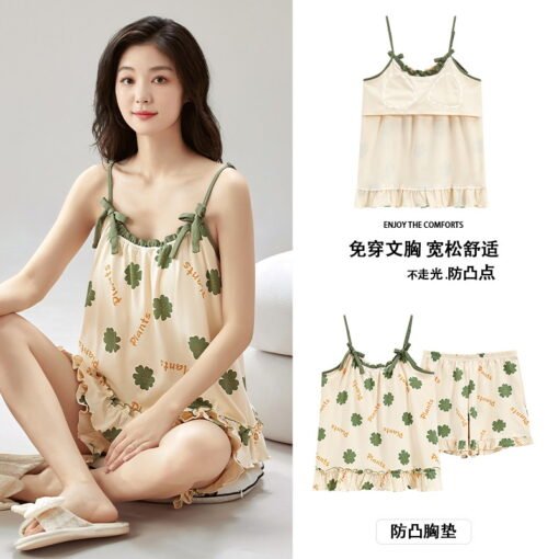Vapetix M-XXL  Pajamas with Chest Pad Women's Summer Sling Shorts suit Pure Cotton French Style Sexy Cool Outer We - Obrázek 7