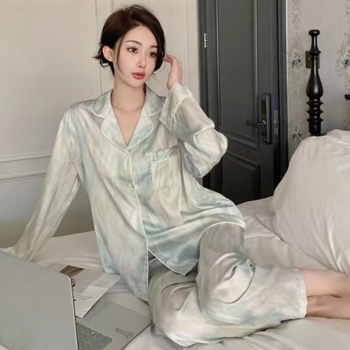 Vapetix M-XXL  Pajamas women's spring and autumn new ice silk long sleeve cardigan suit summer thin net red plus s – Bild 6