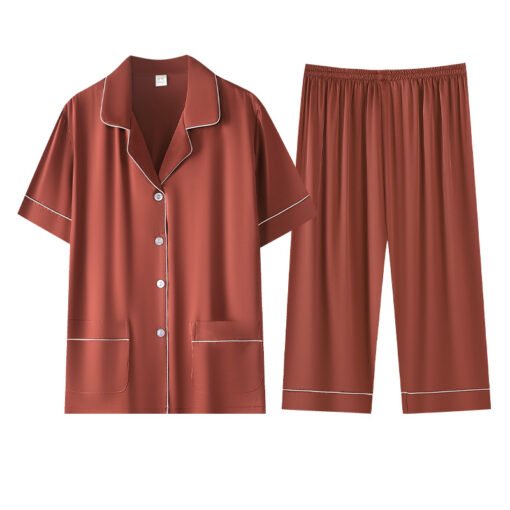 Vapetix M-2XL  High-end Pajamas Women's Summer Thin Ice Silk Short-sleeved Capri Pants Silk Mother Lapel Home Clot - 图片 6