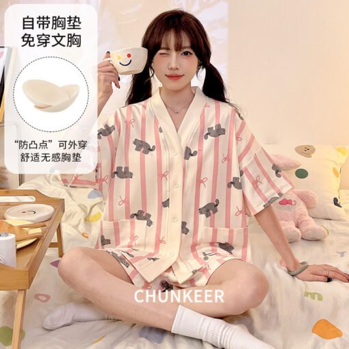 Vapetix M-3XL  Pajamas with Chest Pad Women's Summer Cardigan plus size Short-sleeved Shorts Pullover Thin Outwear - Billede 9